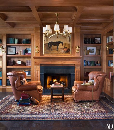 Wonderful Slideshow of A Celebrity Couple's Colorado Hideaway | Content in a Cottage Cozy Sitting Room, Cozy Library, Felicity Huffman, Colorado Vacation, Home Decor Brands, Leather Chairs, Circa Lighting, Colorado Homes, Reading Room