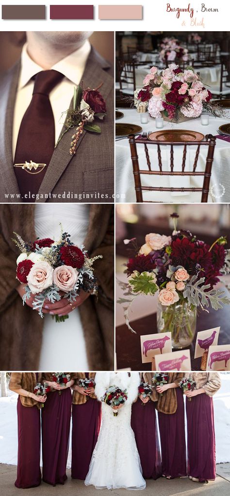 burgundy and brown fall and winter wedding colors with blush flowers Maroon Bridesmaid, Burgundy And Brown, Maroon Bridesmaid Dresses, Burgundy And Blush Wedding, Dress Quinceanera, Wedding Color Combos, February Wedding, Wedding Color Trends, Maroon Wedding