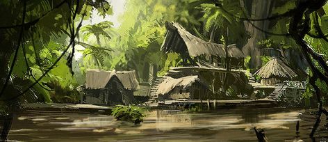 Jungle Village Concept Art, Village Concept Art, Jungle Village, Fantasy Village, Games Design, Heroic Fantasy, Fantasy City, Fantasy Places, Fantasy Setting