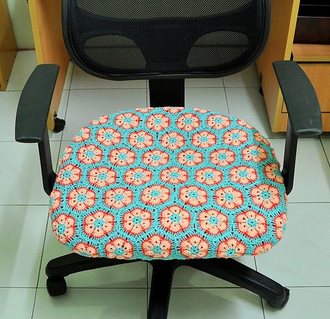 Ravelry: patken2's African Flowers Cushion Cover Crochet Office Chair Cover, Crochet Chair Cover, Crochet Seat Cover, Crochet Office, Crochet Chair, Crochet African Flowers, Office Chair Cover, Ravelry Crochet, Seat Covers For Chairs