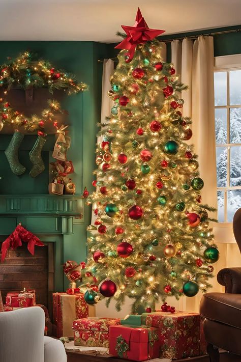 30 Vintage Christmas Decor Ideas That Bring the Past to Life - RectifyHome Red Green And Gold Christmas Decor, Red Green And Gold Christmas Tree, Vintage Christmas Tree Ideas, Red Green And Gold Christmas, Gold Baubles, Vintage Christmas Decor Ideas, Green And Gold Christmas, Classic Holiday Decor, Vintage Christmas Tree Decorations