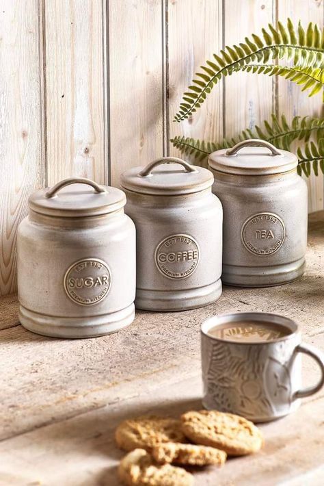 Tea And Coffee Jars, Tea Coffee Sugar Canisters, Country Cottage Kitchen, Coffee Jars, Sugar Canister, Tea Jar, Sugar Jar, Country Style Kitchen, Jar Storage