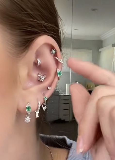 Earring Arrangement Ideas, Brooke Monk Earrings, Stud Conch Piercing, Conch Jewelry Studs, Ear Stacking Ideas Silver, Inner Conch Piercing Studs, Ear Layout, Stacked Ear Lobe Piercing, Brooke Monk Ear Piercings