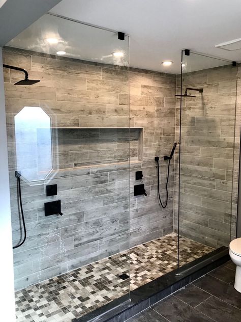 [CommissionsEarned] 32 Black Rainfall Shower Head Ideas You Will Love Immediately #blackrainfallshowerhead Large Shower Tile, Bathroom Concrete, Grey Bathroom Tiles, Master Bath Shower, White Bathroom Tiles, Double Shower, Master Shower, Grey Bathroom, Bathroom Redesign