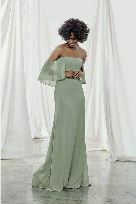 Amsale Bridesmaid Dresses, Off Shoulder Bridesmaid Dress, Amsale Bridesmaid, Amsale Dress, Sage Green Dress, Draped Sleeves, Bridesmaid Dresses Strapless, Designer Bridesmaid Dresses, Bella Bridesmaid