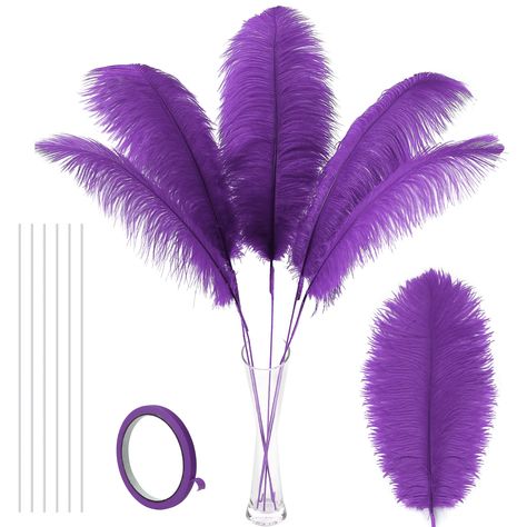 PRICES MAY VARY. 👉【Extra Large Ostrich Feathers Kit】: 10pcs 18-20 inches large ostrich feathers,10pcs 16 inches long iron wire,and a 10m same color tape all in a envelope,Unique design for a more luxurious experience 👉【Flexible Design】: The extensibility of iron wire endows feathers with the characteristic of free bending, and you can use them for various complex designs decor,fully unleash your extraordinary imagination 👉【Freely Extendable Length】:The attachment of the iron wire increases th Mardi Gras Ball Table Centerpieces, Purple Ostrich Feathers, Purple Prom Decor, Purple Black And Silver Party Ideas, Lavender Party Decor, Purple And Gold Centerpieces, Purple Reception Decor, Purple And Gold Birthday, Purple Birthday Party Decorations