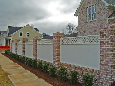 Brick Wall Gardens, Wood Privacy Fence, Fence Wood, Brick Columns, Rustic Fence, Brick Fence, White Fence, Diy Fence, Front Yard Fence