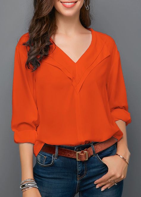 Blouse Outfit Ideas, Awesome Blouse, Trendy Fashion Tops, Trendy Blouses, Orange Blouse, Cute Blouses, Orange Shirt, Work Wear Women, Trendy Clothes For Women