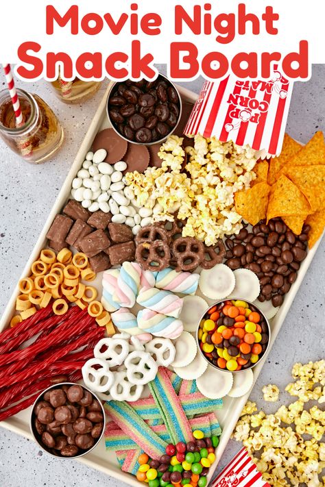 Enjoy a fun movie night with this easy to make this fun movie night snack board. Easily put together a snack board that everyone will enjoy. Movie Night Appetizers Easy Recipes, Movie Night Snacks Aesthetic, Movie Night Snack Board, Snacks Board, Movie Night For Kids, White Chocolate Pretzels, Charcuterie Ideas, Chocolate Covered Raisins, Movie Night Food