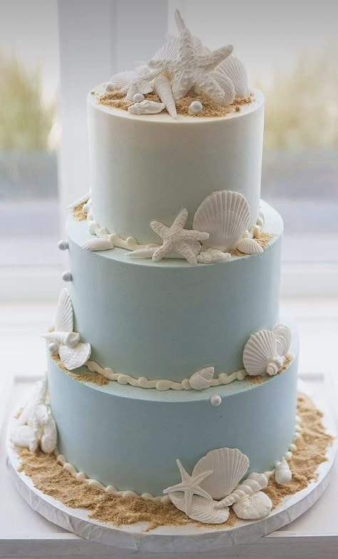 Beach Wedding Cakes, Beach Theme Wedding Cakes, Beach Themed Cakes, Beach Wedding Decorations Reception, Ocean Cakes, Beach Cake, Wedding Cake Ombre, Seashell Wedding, Summer Wedding Cakes