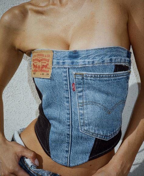 Corset Diy, Jean Diy, Reworked Jeans, Diy Corset, Reworked Clothes, Ropa Upcycling, Reworked Denim, Denim Corset Top, Denim Projects