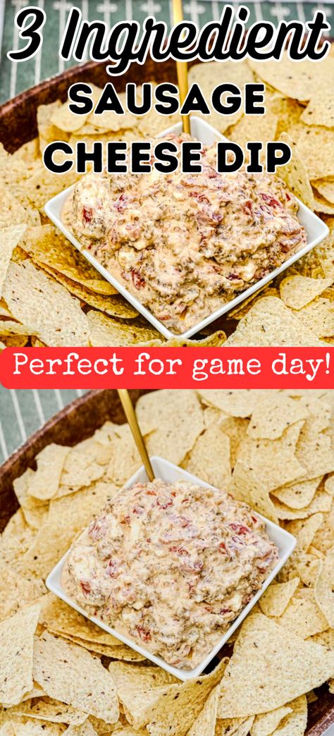 Looking for a quick dip that everyone will love? This creamy sausage cheese dip is the QUEEN of easy dip recipes! It doesn’t require many ingredients at all. Feed this tasty dip to your family, or take it to your next gathering! Either way, this dip is going to be your go-to dip for all future parties, family dinners, game day parties, or Super Bowl Sunday. 3 Ingredient Sausage Dip, Sausage Chip Dip, Dips With Sausage, Sausage Dip With Cream Cheese And Rotel, 3 Ingredient Dip Recipes, Rotel Dip With Sausage And Cream Cheese, Italian Sausage Dip Recipes, Sunday Funday Dip, Sausage Rotel Dip Crock Pots