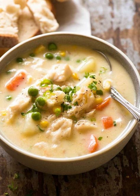 Fish Chowder Soup in a bowl, ready to be eaten Fish Chowder With Coconut Milk, Recipe For Seafood Chowder, Thick And Creamy Fish Chowder, Cod And Corn Chowder, Creamy Fish Stew, Creamy Fish Soup Recipe, White Fish Chowder, Fish Corn Chowder, White Fish Stew