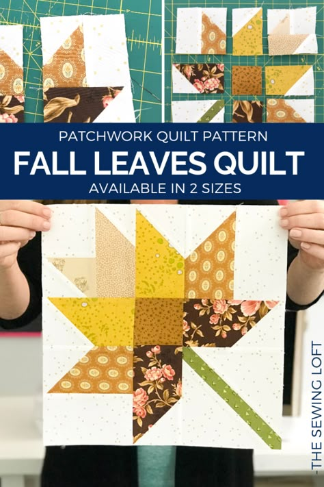 Fall Leaves Quilt Block | Blocks 2 Quilt - The Sewing Loft Fall Quilted Wall Hangings Free Pattern, Tablerunner Quilt Free Pattern, Leaves Quilt Block, Fall Leaves Quilt, Leaves Quilt, Leaf Quilt, Fall Quilt Patterns, Fall Sewing, Quilting Board