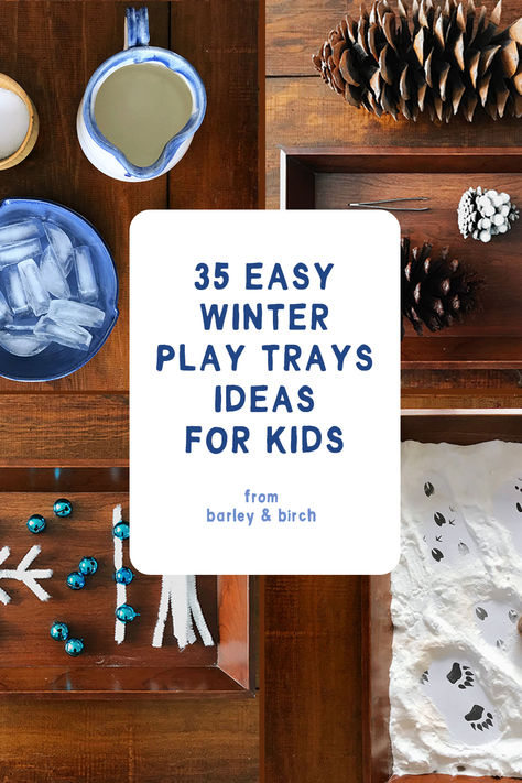 A few of our easy kids winter play tray setups December Montessori Shelves, Loose Parts Winter Activities, Montessori January Practical Life, Sensory Play Tray Ideas, Montessori Christmas Activities Preschool, Christmas Play Tray, Reggio Winter Provocations, Winter Theme Fine Motor Activities, January Sensory Table