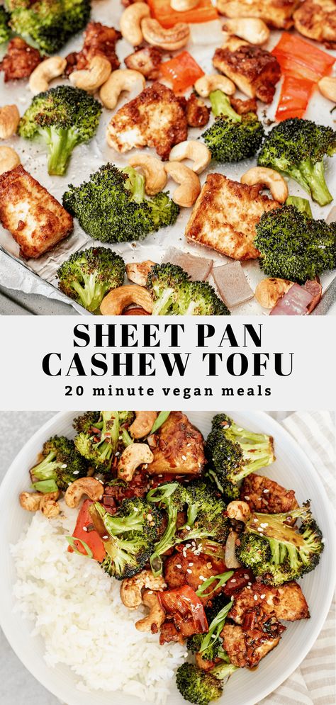 This vegan cashew tofu sheet pan is inspired by some of my favorite takeout meals. Includes a mix of tofu, cashews, vegetables baked along with a light and flavorful sauce. Comes together in just 20 minutes for the perfect dinner meal. Tofu Dinner Recipes, Vegan Sheet Pan, Fruits Recipes, Takeout Recipes, Ms Diet, Healthy Budget, Tempeh Recipes, Vegan Tofu, Wfpb Recipes