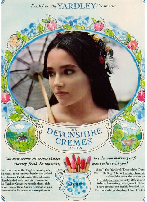 1969 Yardley of London Devonshire Cremes lipstick ad featuring Olivia Hussey. She starred in the 1968 version of Romeo and Juliet. 1968 Fashion, Lipstick Ad, Vintage Makeup Ads, Electra Heart, Olivia Hussey, Vogue Vintage, Makeup Ads, Retro Makeup, Retro Beauty