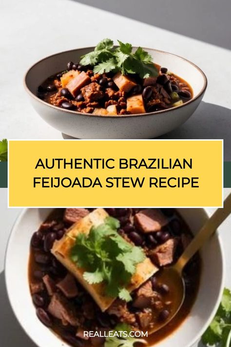 Authentic Brazilian feijoada stew with black beans, meat, and fresh cilantro in a bowl. Brazilian Feijoada Recipes, Brazilian Recipes Authentic, Brazilian Stew, Brazilian Feijoada, Feijoada Recipe, Beef And Pork, Cooking White Rice, Stew Recipe, Brazilian Food