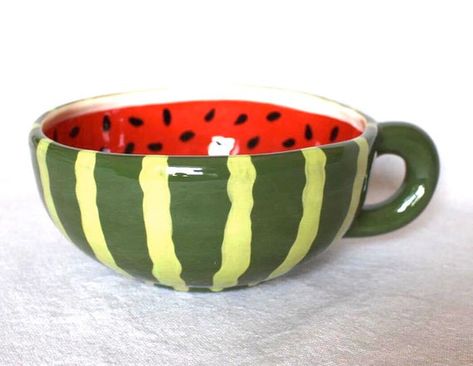 Coffee Dip, Painted Pottery Bowl, Watermelon Decor, Diy Pottery Painting, Bowl With Handle, Pottery Painting Designs, Painted Pottery, Keramik Design, Clay Crafts Air Dry