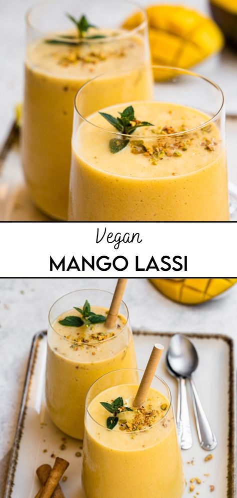 If you have eaten before at Indian restaurants, you've most probably seen this drink on the menu. Traditional Mango Lassi is made with dairy products. Our vegan version swaps the dairy yogurt for a plant-based alternative, making it a perfect choice for those following a vegan diet or anyone who is lactose intolerant. Vegan Mango Lassi, Vegan Indian Dessert, Vegetarian Drinks, Vegan Drinks Recipes, Snacks Vegan, Lassi Recipes, Mango Lassi, Yum Recipes, Cocktails Recipes