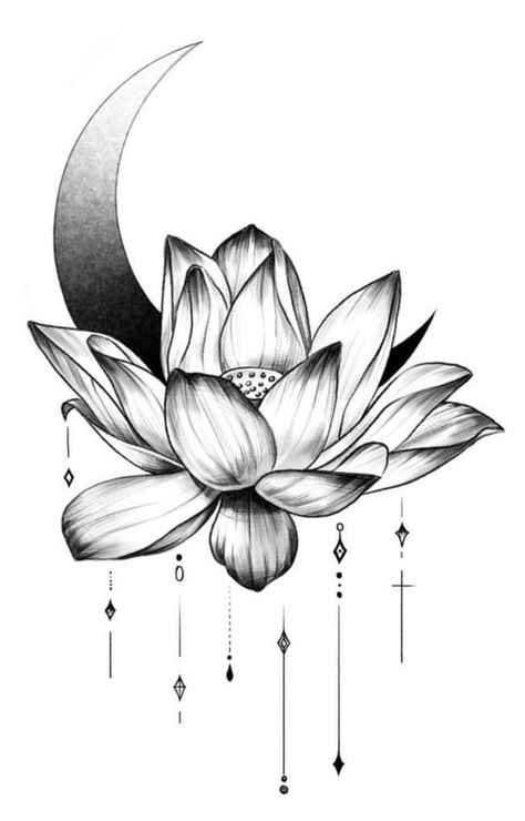 Thigh Lotus Tattoos Women, Color Lotus Flower Tattoo, Lotus Moon Tattoo, Moon And Lotus Tattoo, Heartless Tattoo, Lotus Flower Colors, Black Lotus Tattoo, Lotus Tattoo Meaning, Flower Neck Tattoo