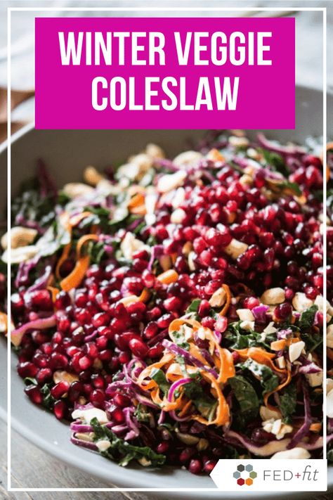 This winter veggie coleslaw is the perfect side salad with kale, cabbage, tangy pomegranate seeds, crunchy cashews, and an Asian-inspired dressing. #healthyside #paleo Salad Recipes Winter, Keto Shrimp Salad, Kale Cabbage, Fed And Fit, Keto Shrimp, Healthy Christmas Recipes, Coleslaw Salad, Recipes Winter, Winter Vegetable