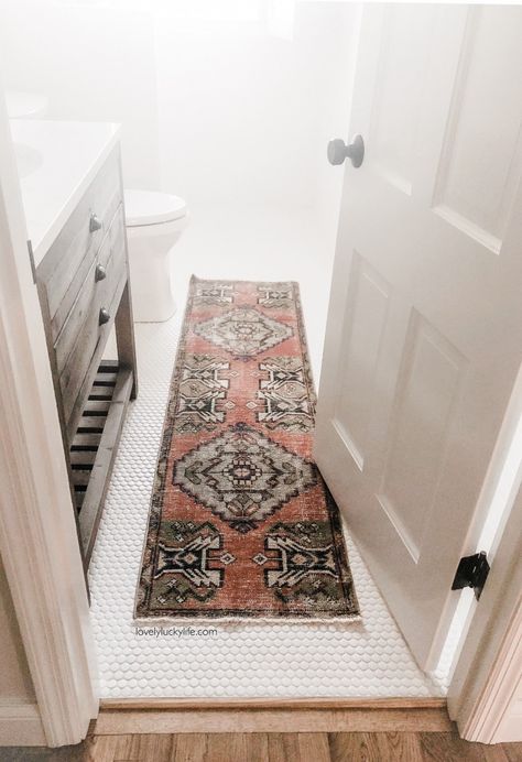 Where to Find the Best Affordable Vintage Turkish Runners Rug In Bathroom, Modern Farmhouse Paint Colors, Vintage Rug Bathroom, Turkish Bathroom, Bathroom Runner, Rugs Ideas, Farmhouse Paint Colors, Farmhouse Paint, Rug Runner Kitchen