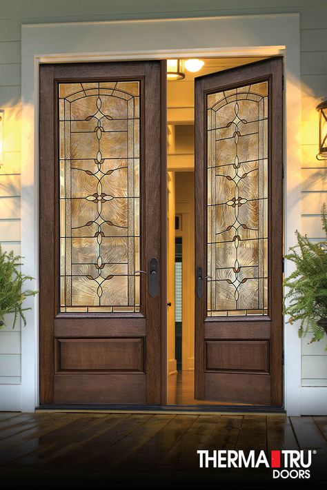 8'0" Therma-Tru Classic Craft fiberglass doors with Bella decorative glass. Offering rich, warm wood tones in authentic Mahogany, these entryways are especially suited for a variety of Classic style homes featuring formal design and symmetry, elaborate detail, the provincial style of countryside estates, or feature rich details with steep roofs and subtly flared curves. Main Door Designs, Contemporary Garage Doors, Double Front Entry Doors, Flush Door Design, Fiberglass Exterior Doors, Therma Tru, Fiberglass Entry Doors, Wooden Front Door Design, Provincial Style