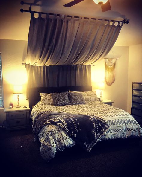 Curtains Over Bed Canopy, Curtains As Headboard Ideas, Black Canopy Bed With Headboard, Curtain Ceiling Draping Bedroom, Bed Curtain Canopy, Curtains On Slanted Ceiling, Drape Over Bed, Diy Canopy Bed For Adults Romantic Bedroom Ideas, Ceiling Canopy Bedroom