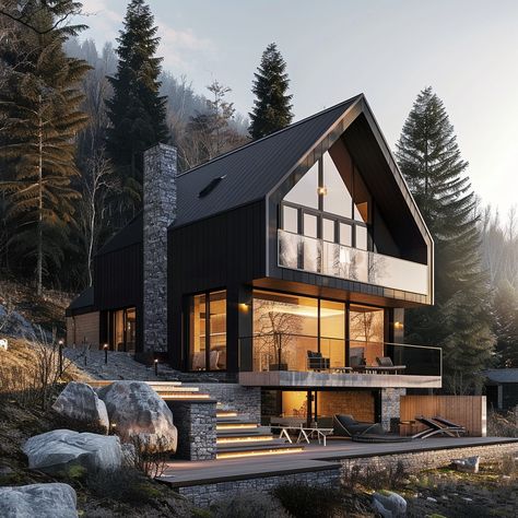 Modern Barnhouses, Modern Chalet Architecture, Modern Lake House Exterior, Chalet Architecture, Modern Chalet, Hut House, Camp House, Lake Houses Exterior, Modern Lake House