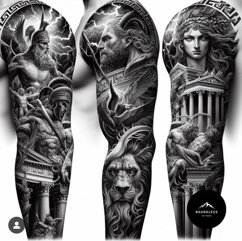 Greek Mythology Arm Sleeve Tattoo, Gods Tattoo For Men, Roman Empire Tattoo Sleeve, Realism Tattoo Sleeve For Men, Zeus Sleeve Tattoo, Mythology Tattoos Men, Heracles Tattoo, Outside Arm Tattoo For Men, Sleeve Tattoo Greek Mythology