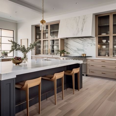 Mixed Upper And Lower Cabinets, Black Transitional Kitchen, Wood Kitchen With Black Island, Dark Island Light Cabinets, White Oak Kitchen With Black Island, Kb Homes Kitchen, Kitchen Island Transitional, Urbane Bronze Island, Modern Kitchen Renovation Ideas