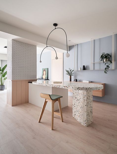 Gallery of Ne_On Apartment / NestSpace Design - 7 Terrazzo Decor, Blue Interior Design, Desain Pantry, Interior Minimalista, 아파트 인테리어, Design Del Prodotto, Blue Interior, Minimalist Interior, Cafe Interior