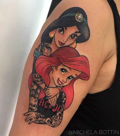 shoulder tattoo Desiney princess Princesses Tattoo, Tattoo Disney, Nail Printer, Disney Sleeve, Disney Princess Tattoo, Princess Tattoo, Punk Disney, Tattoos Inspiration, Mommy Tattoos