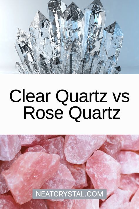 An insightful guide to distinguishing between Clear Quartz and Rose Quartz based on color, clarity, and form. Crystal Care, Capricorn And Aquarius, What Is The Difference Between, Quartz Jewelry, Be The One, Crystal Meanings, Rose Quartz Crystal, Clear Quartz Crystal, Heart Chakra