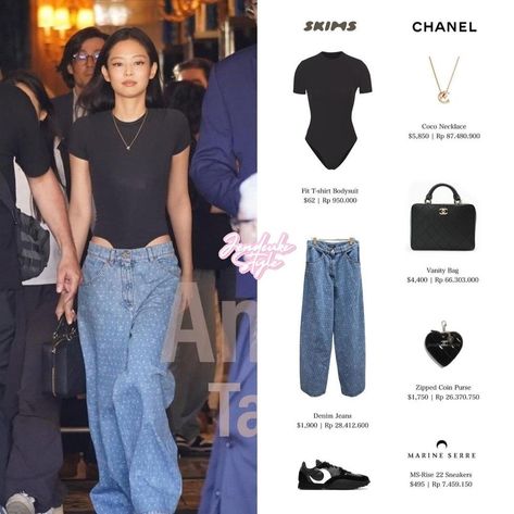 New Jeans Style Outfit Kpop, Jennie Spot Outfit, Kim Jennie Outfits, Jennie Outfits Casual, Jennie Outfit Ideas, Kim Jennie Outfits Casual, Kpop Outfits Blackpink, Jennie Clothes, Jennie Outfits