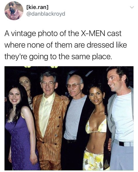 I'm not sure what's funnier - the incongruous outfits or the fact this is called "vintage." X Man Cast, Hee Haw, Introvert Humor, Dc Memes, Dc Movies, Fresh Memes, Weird Pictures, Marvel Memes, Coping Skills