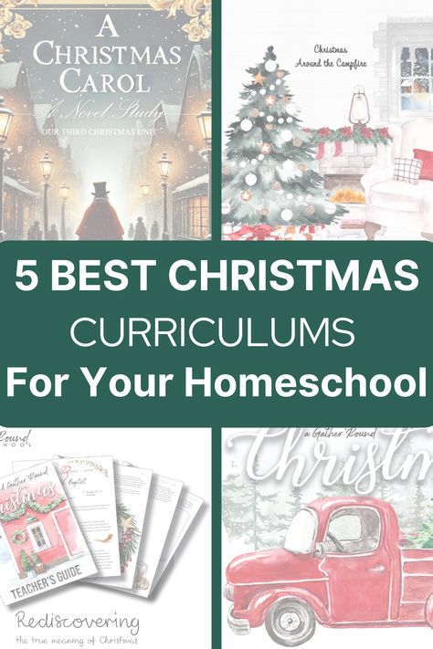 Check out this round-up of the 5 best Christmas curriculums for your homeschool. These are all christian world-view curriculums. Celebrate Advent through morning advent devotions, or a Christmas novel study. Incorporate Jesus into the season and create new Christmas traditions through these meaningful unit studies. Christian Christmas Homeschool, Homeschool Christmas Curriculum, Christmas School Homeschool, Homeschool Christmas Unit, Christmas Bible Study For Teens, Christmas Homeschool Unit Studies, Advent Homeschool, Christmas Unit Study Homeschool, Christmas Unit Study