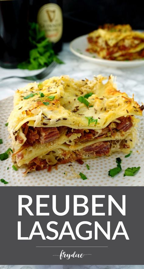 Irish Lasagna Recipe, Reuben Lasagna, Lasagna Sandwich, Ruben Casserole, Lasagna Party, Sauerkraut Lasagne, Tender Corned Beef, Lasagna Layers, Classic Reuben Sandwich