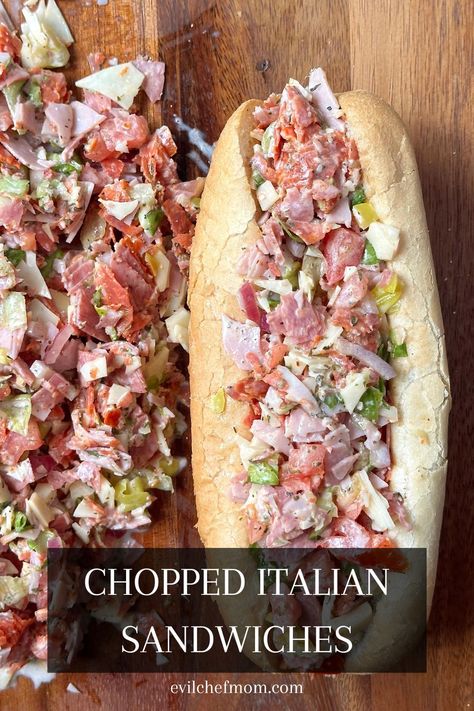 Chopped Italian Sandwiches The Tipsy Housewife Italian Sub Chop Sandwiches, Chopped Italian Wrap, Italian Sub Sandwich Recipe, Chopped Italian Sandwich, Chopped Cheese Sandwich, Vegan Broccoli Salad, Italian Sandwiches, Grilled Steak Salad, Baked Sandwiches