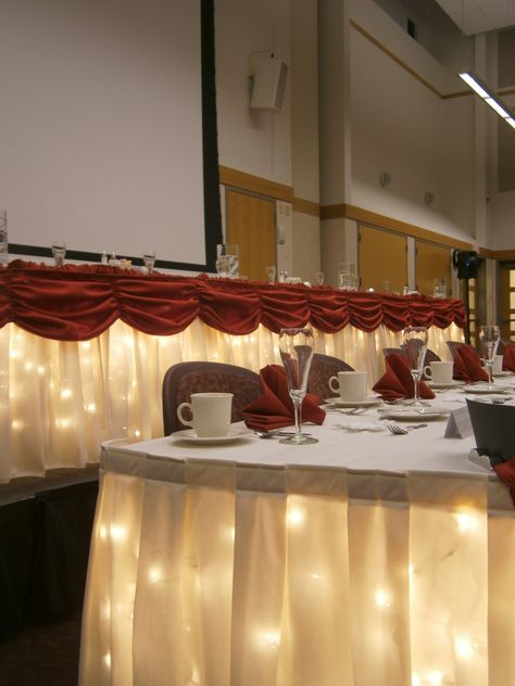 Christmas Wedding Head Table at the Prince Conference Center Henna Booth, Texan Wedding, Lottie Moon, Christmas Banquet, Wedding Business Ideas, Party Lighting, Table Skirts, Banquet Ideas, Hotel Ideas