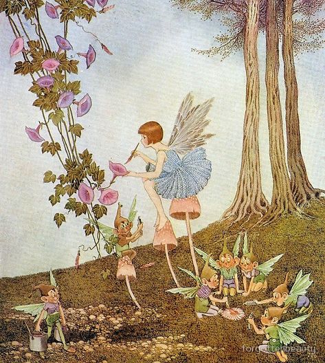 Periwinkle Painting the Petals - Ida Rentoul Outhwaite Ida Rentoul Outhwaite, Fairy Paintings, Fairy Illustration, Elves And Fairies, Vintage Fairies, Fairy Magic, Flower Fairies, Arte Inspo, Fairytale Art