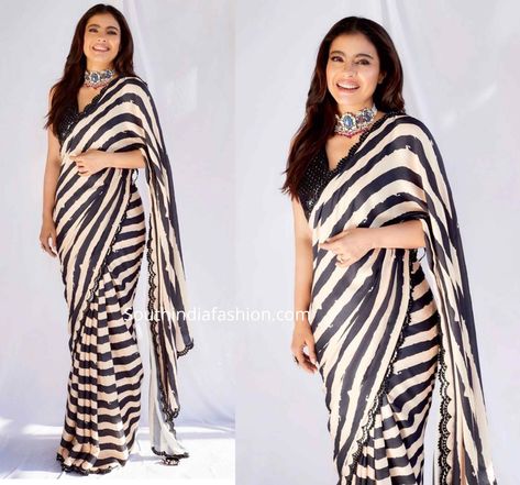 Black And White Saree Blouse, New Trend Sarees, White And Black Saree, Kajol In Saree, Black White Saree, Saree Sabyasachi, Striped Saree, Black And White Saree, Kajol Saree