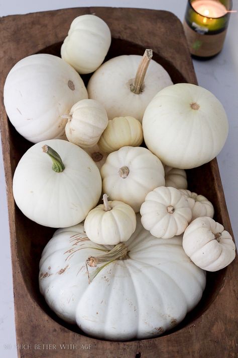 So Much Better With Age: white pumpkins in a dough bowl in kitchen - Blogger's Seasonal Harvest Kitchen Tour Fall Dining Room, Dining Room Console, Autumn Dining, Console Styling, Easy Fall Decor, Foam Pumpkins, Fall Kitchen, Dough Bowl, Mini Pumpkins