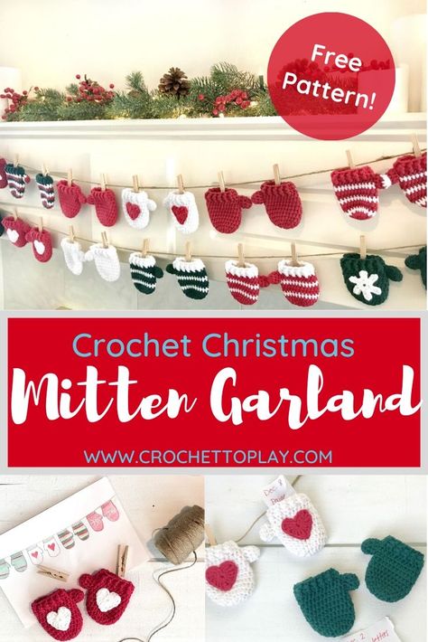 Need a free, quick crochet project for the Christmas season? This mitten garland works up easily and makes darling little mittens you can personalize with color, stripes, a heart, and a snowflake. Tuck something inside each one and use as an advent calendar or make just a few as gift toppers or tree ornaments.  #crochetmittengarland #freecrochetpattern Mitten Garland, Crochet Christmas Garland, Amigurumi For Beginners, Quick Crochet Projects, Mitten Ornaments, Crochet Garland, Crochet Xmas, Crochet Christmas Decorations, Crochet Ornaments