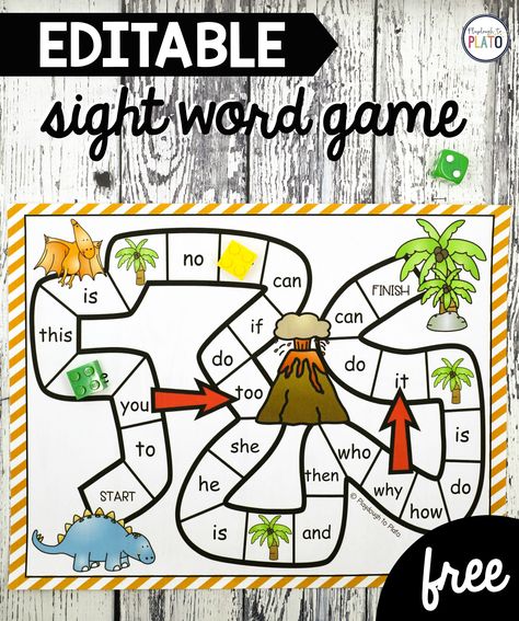 Activity for ages 5 to 8. Dinosaur fans will roar with excitement over this playful sight word game. Use it to practice word families, Dolch lists, Fry words… anything under the sun! Because it’s editable, there are countless ways to use it in your word work station or literacy center. Grab your free game below … Dinosaur Sight Words, Sight Word Games For Kindergarten, Word Games For Kindergarten, Word Games For Kids, Games For Kindergarten, Word Work Stations, Fry Words, Teaching Sight Words, Kindergarten Printables