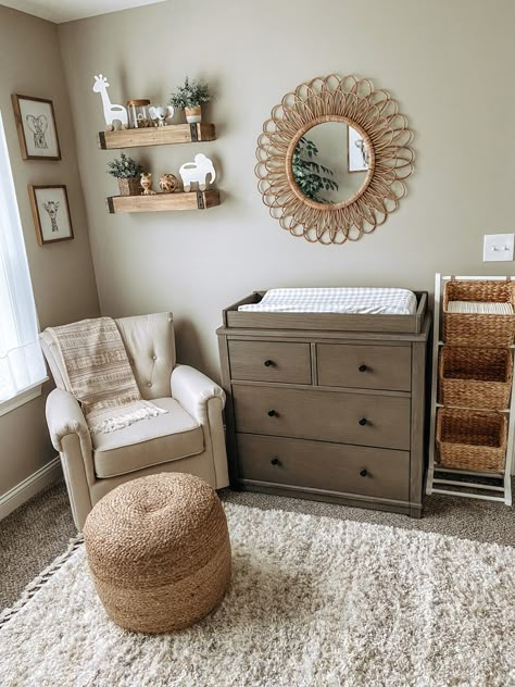 Neutral Safari Nursery Ideas, Safari Boho Nursery, Nursery Corner In Bedroom, Tan Wall Nursery, Apartment Friendly Nursery Ideas, Baby Rooms Neutrals, Nursery Ideas Earth Tones, Small Nursery Set Up, Nursery Set Up Layout Small Spaces