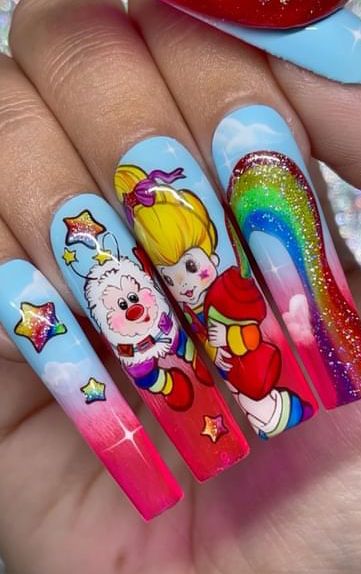 Nail art by @nailz_by_dev Rainbow Brite Nail Art, Rainbow Bright Nails, Rainbow Brite Nails, Trolls Nails, Cartoons Nails, Pandora Nails, Character Nails, Oval Nails Designs, Bright Nail Art