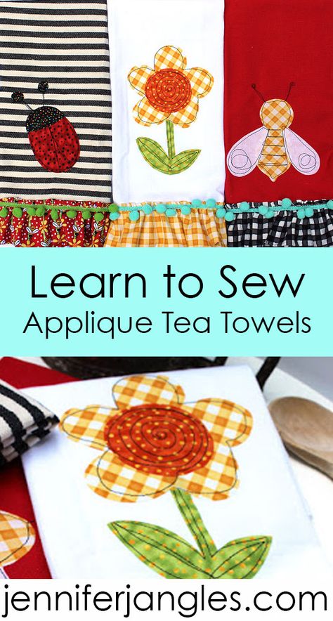 Sewing Patterns Kids, Jennifer Jangles, Diy Dish Towels, Kitchen Towels Diy, Dish Towel Crafts, Kitchen Towels Crafts, Applique Towels, Tea Towels Embroidery, Towel Ideas