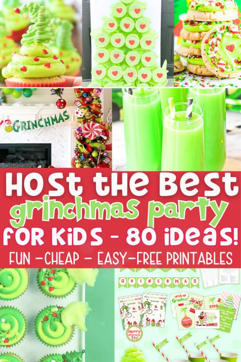 Host the perfect Grinch party with 81+ creative ideas! From Grinch food recipes, DIY decorations, and party favors to fun games and free printables for kids, this collection has everything you need for a Grinch-inspired celebration. Grinch Family Christmas Party, The Grinch Themed Birthday Party, Kids Grinch Party Ideas, Grinch Movie Night Ideas Kids, Grinch Christmas Eve Party, Holiday Classroom Party Ideas, Food For Grinch Party, Grinch Themed Food Ideas, Grinch Party Ideas Games